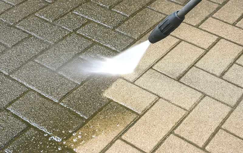 Čištění znečištěné dlažby před a po