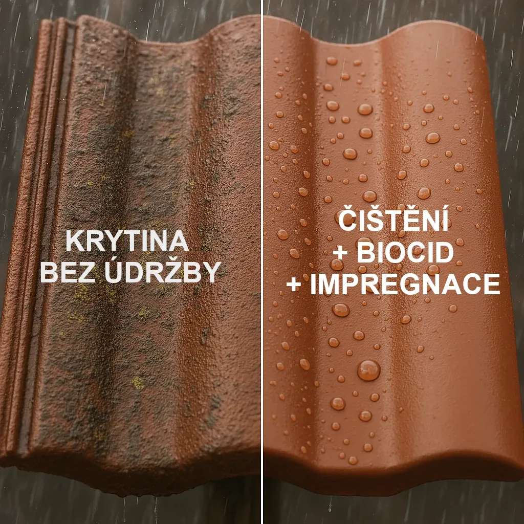 Porovnání střešní tašky bez impregnace a s impregnací během deště 